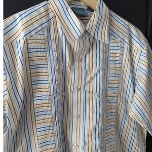 VTG Guayabera Short Sleeve Shirt Striped Embroidered Pearl Snap Men's M Resort